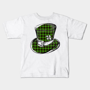 Irish Lucky Clover Leprechaun Hat in Green Plaid Kids T-Shirt